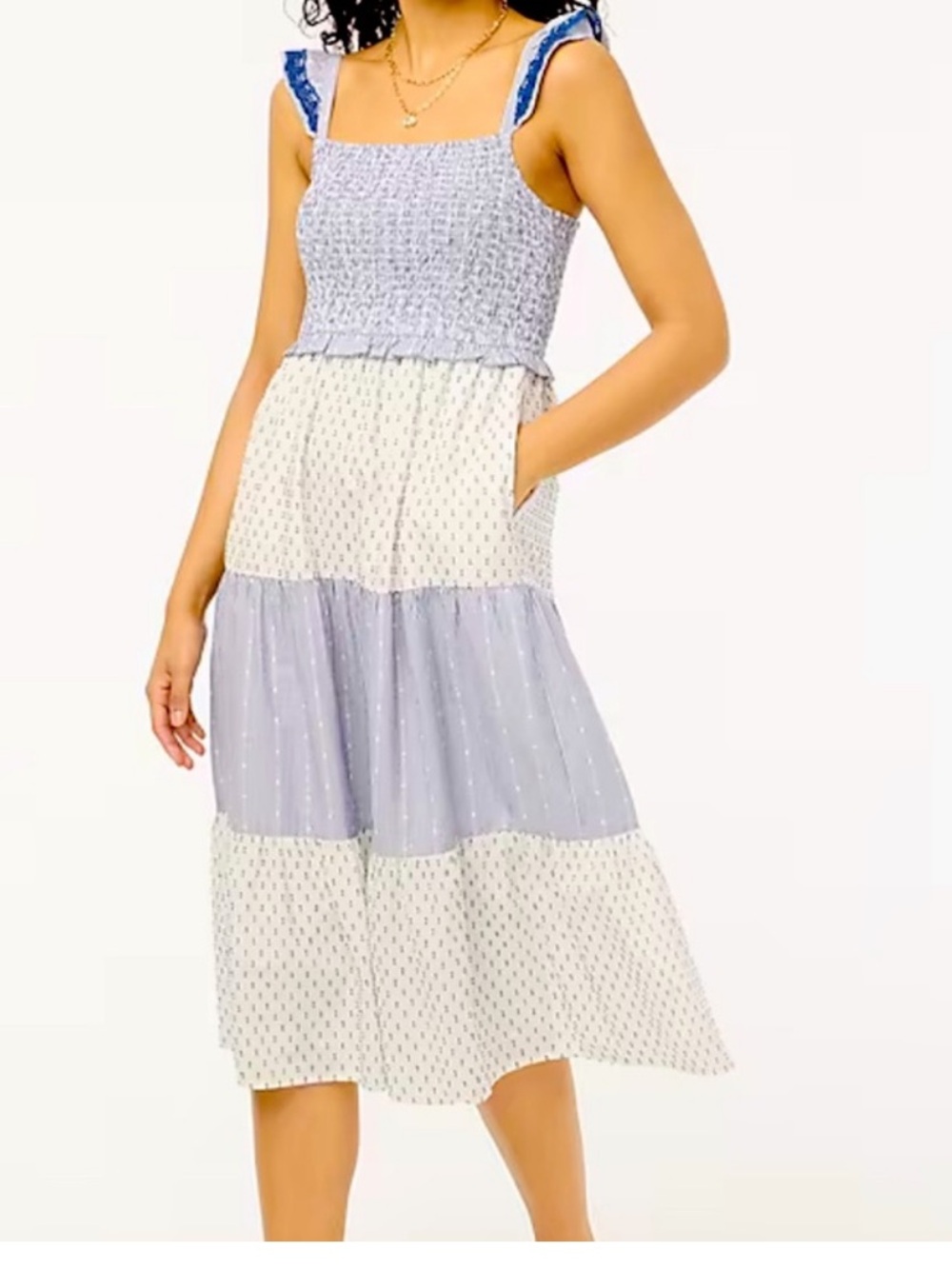 J.Crew Smocked Clip-Dot Midi Tiered Lined Cotton Dress